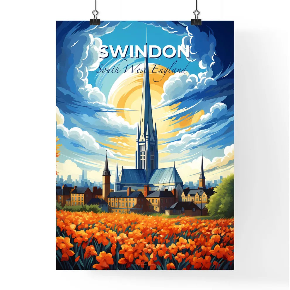 Swindon, South West England, A Poster of a painting of a church and a field of flowers Default Title