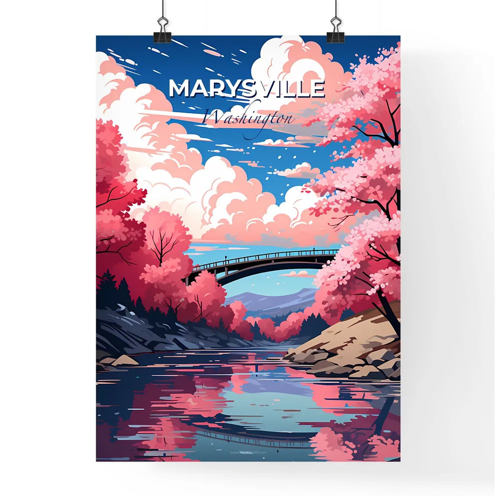 Marysville, Washington, A Poster of a bridge over a river with pink trees Default Title