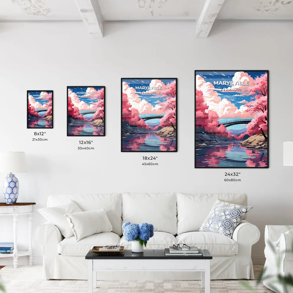 Marysville, Washington, A Poster of a bridge over a river with pink trees Default Title
