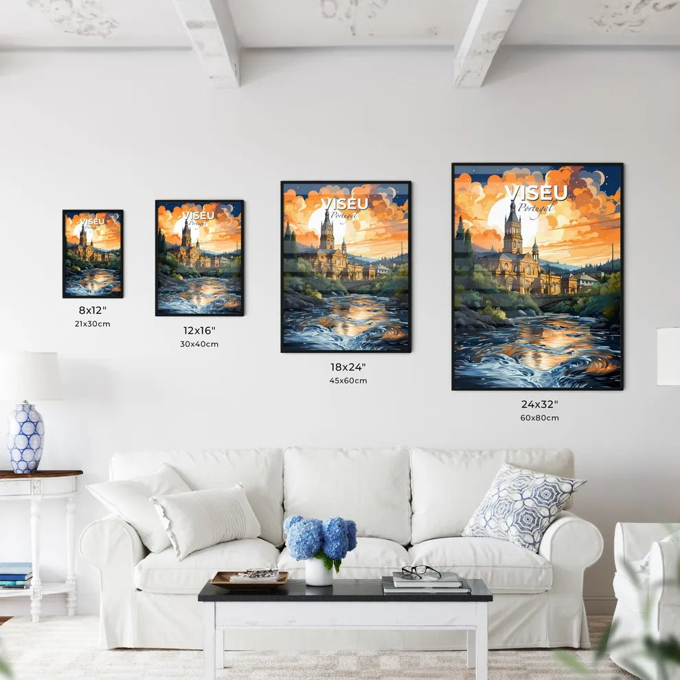 Viseu, Portugal, A Poster of a painting of a building with a river and trees Default Title