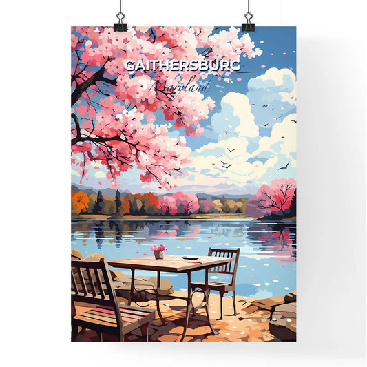 Gaithersburg, Maryland, A Poster of a table and chairs by a lake Default Title