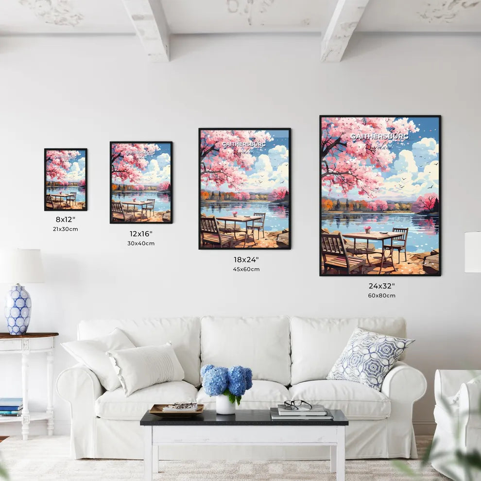 Gaithersburg, Maryland, A Poster of a table and chairs by a lake Default Title