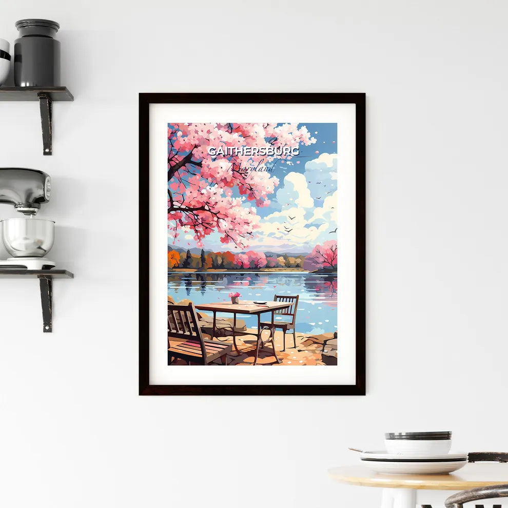 Gaithersburg, Maryland, A Poster of a table and chairs by a lake Default Title
