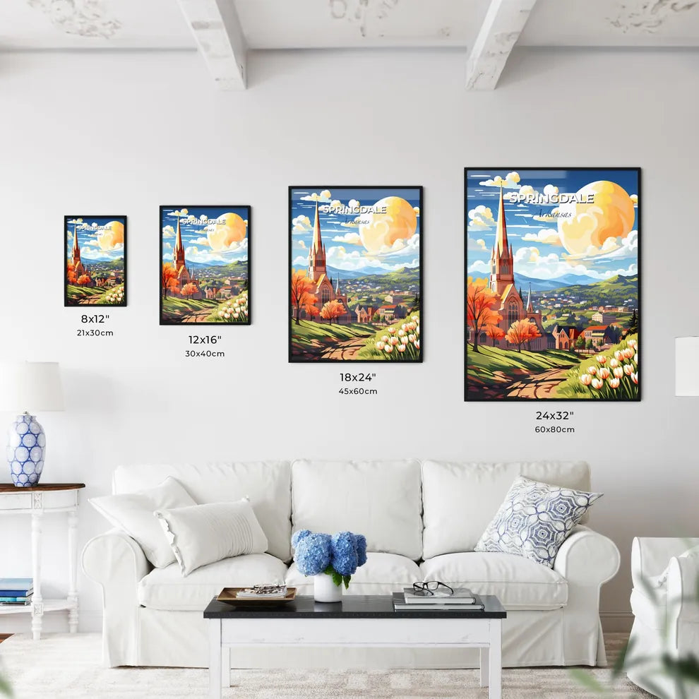 Springdale, Arkansas, A Poster of a church with a steeple and trees in front of a landscape Default Title