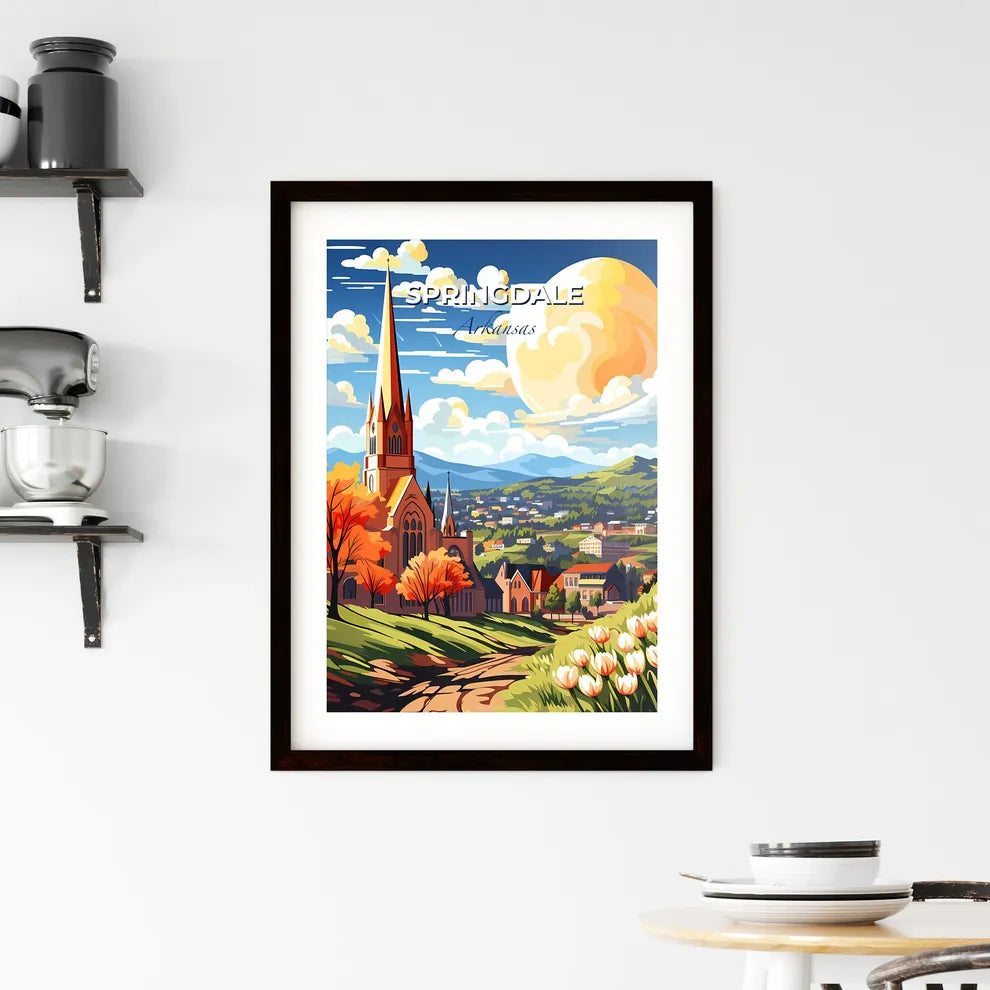 Springdale, Arkansas, A Poster of a church with a steeple and trees in front of a landscape Default Title