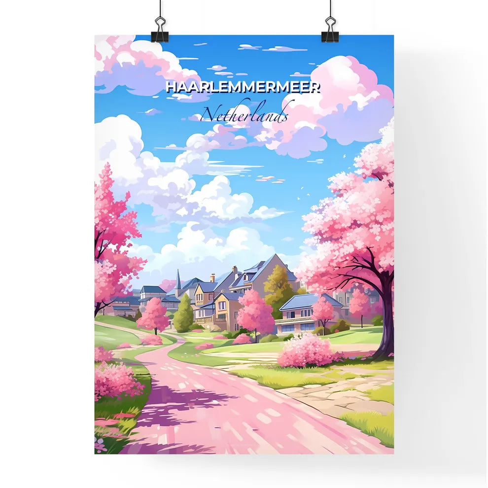 Haarlemmermeer, Netherlands, A Poster of a road with pink trees and houses in the background Default Title