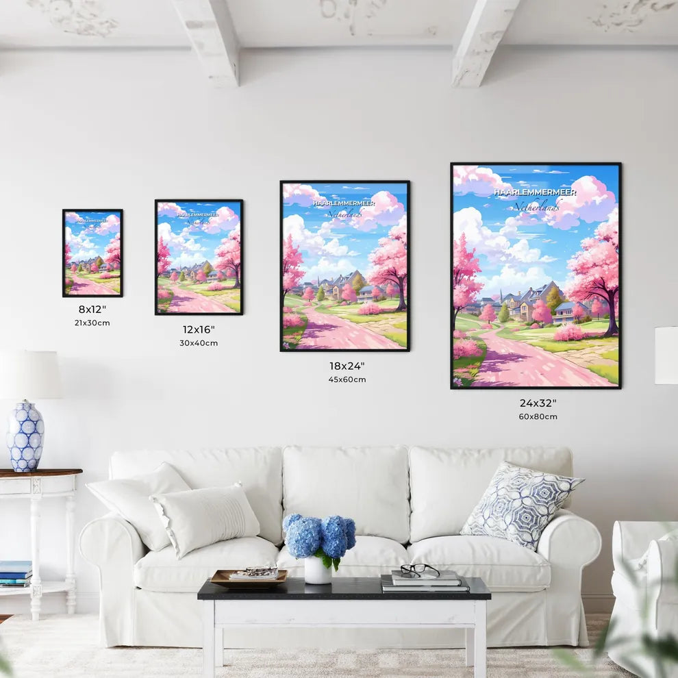 Haarlemmermeer, Netherlands, A Poster of a road with pink trees and houses in the background Default Title