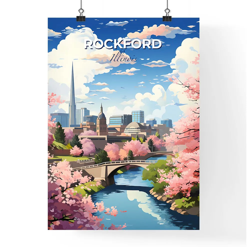 Rockford, Illinois, A Poster of a river with a bridge and pink flowers Default Title
