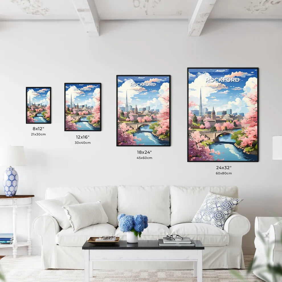 Rockford, Illinois, A Poster of a river with a bridge and pink flowers Default Title