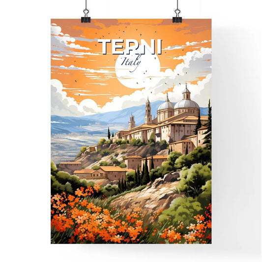 Terni, Italy, A Poster of a painting of a building on a hill with trees and flowers Default Title