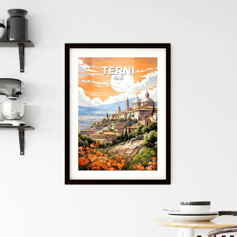 Terni, Italy, A Poster of a painting of a building on a hill with trees and flowers Default Title