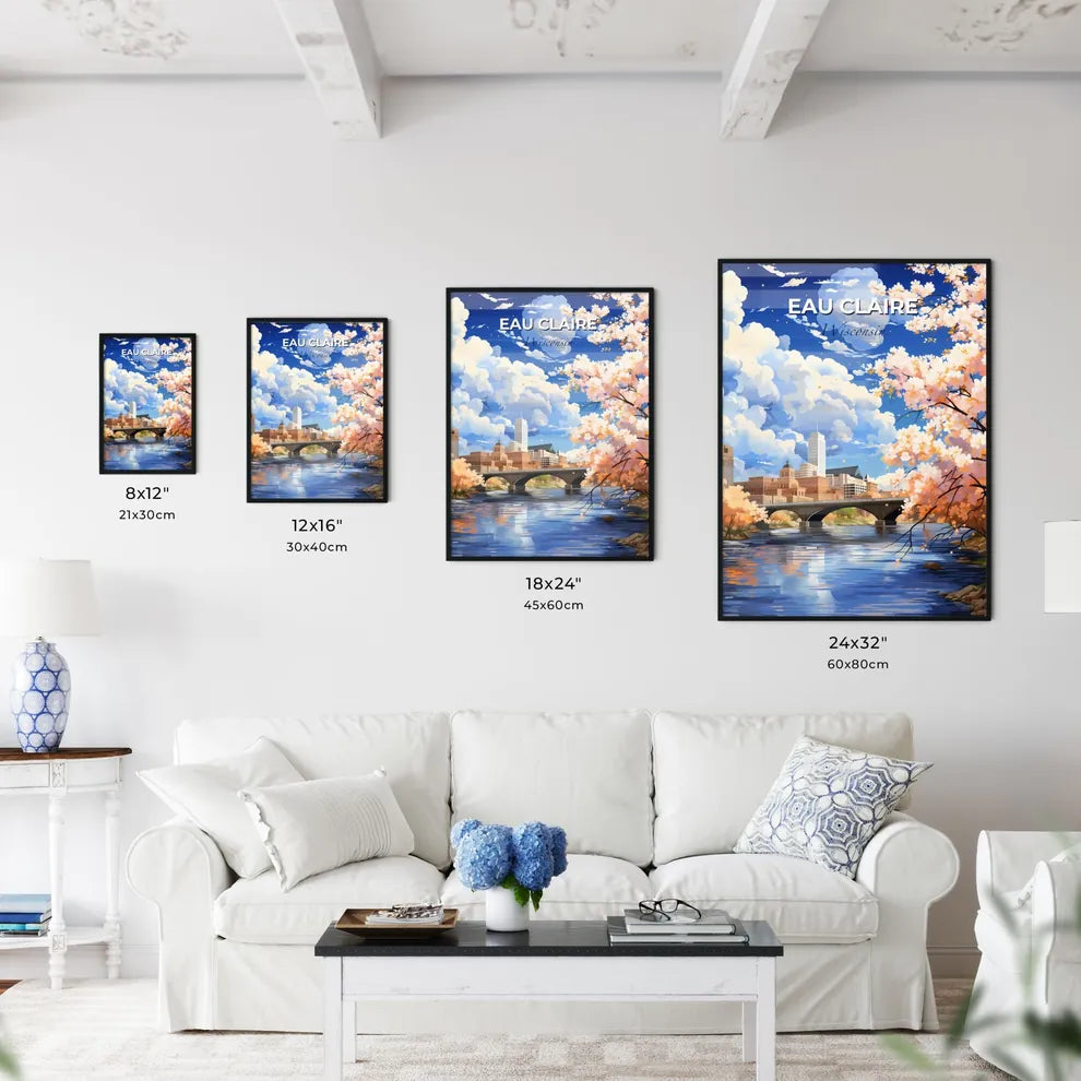 Eau Claire, Wisconsin, A Poster of a river with a bridge and trees with pink flowers Default Title