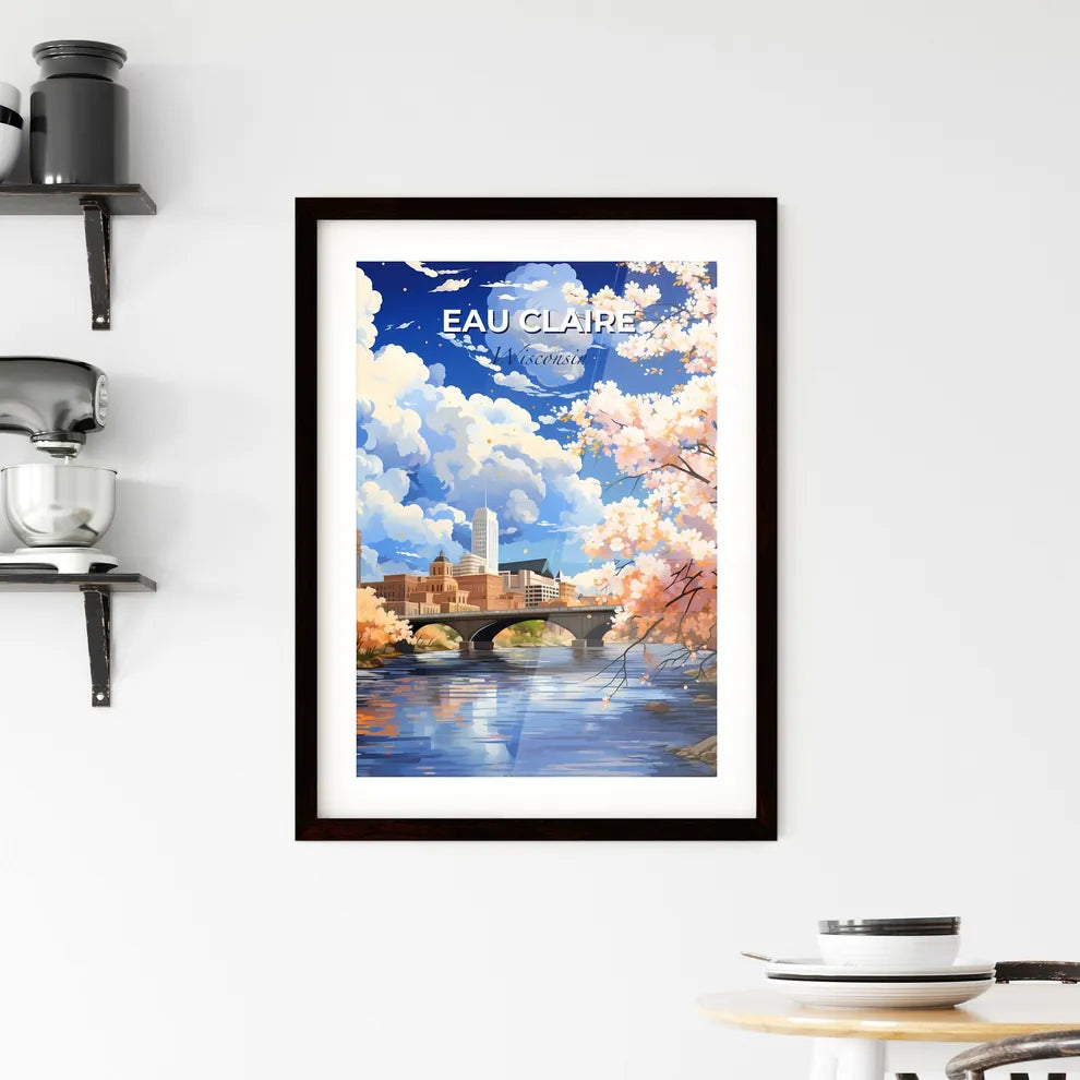 Eau Claire, Wisconsin, A Poster of a river with a bridge and trees with pink flowers Default Title