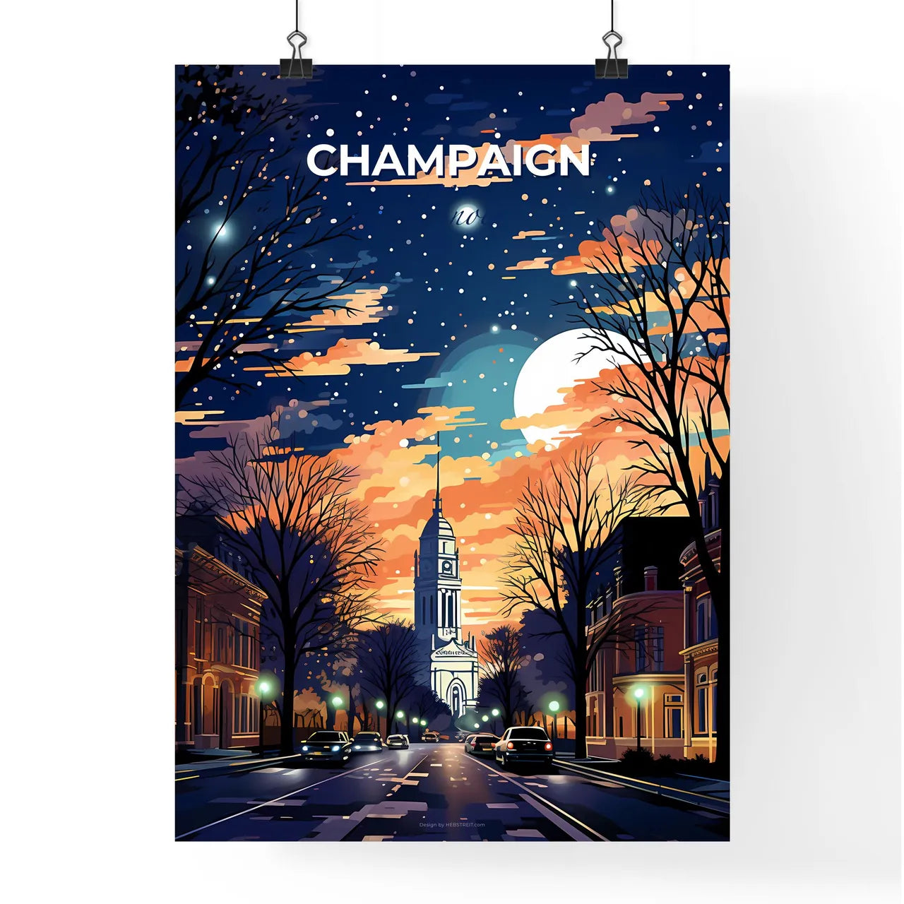 Champaign, Illinois, A Poster of a street with cars and a large moon in the sky Default Title