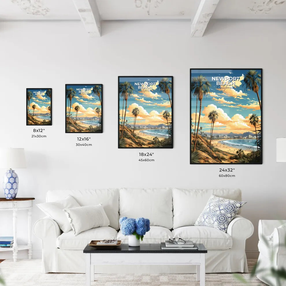 Newport Beach, California, A Poster of a beach with palm trees and a city in the distance Default Title
