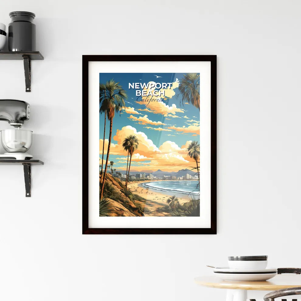 Newport Beach, California, A Poster of a beach with palm trees and a city in the distance Default Title
