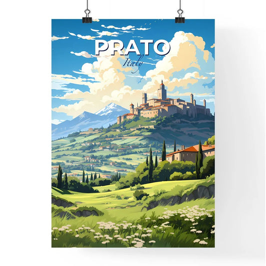 Prato, Italy, A Poster of a landscape with a castle on a hill Default Title