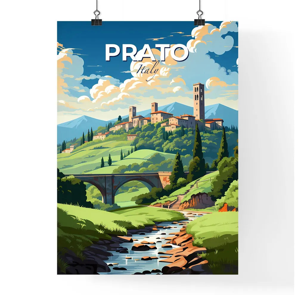 Prato, Italy, A Poster of a landscape with a bridge and a castle on a hill Default Title