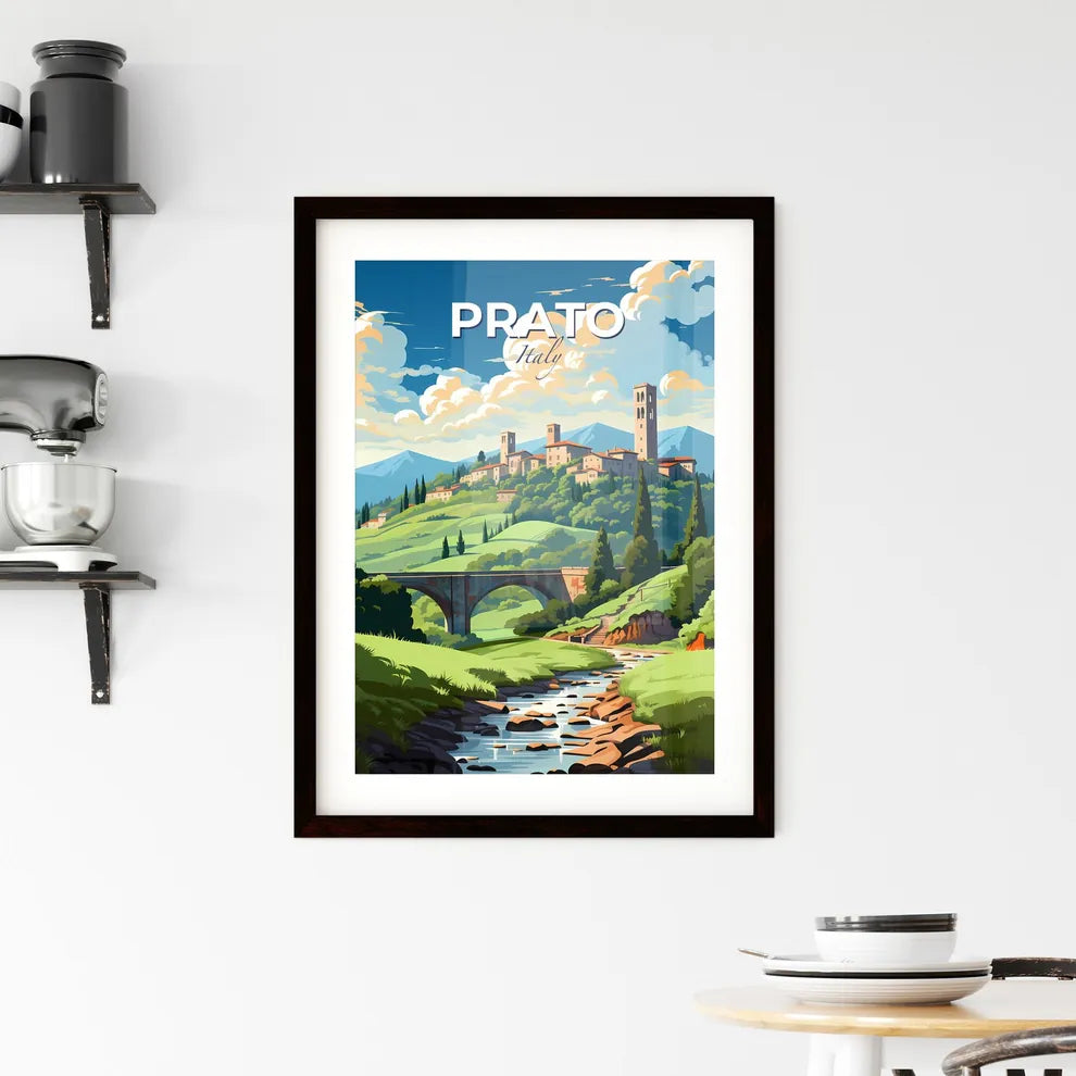 Prato, Italy, A Poster of a landscape with a bridge and a castle on a hill Default Title