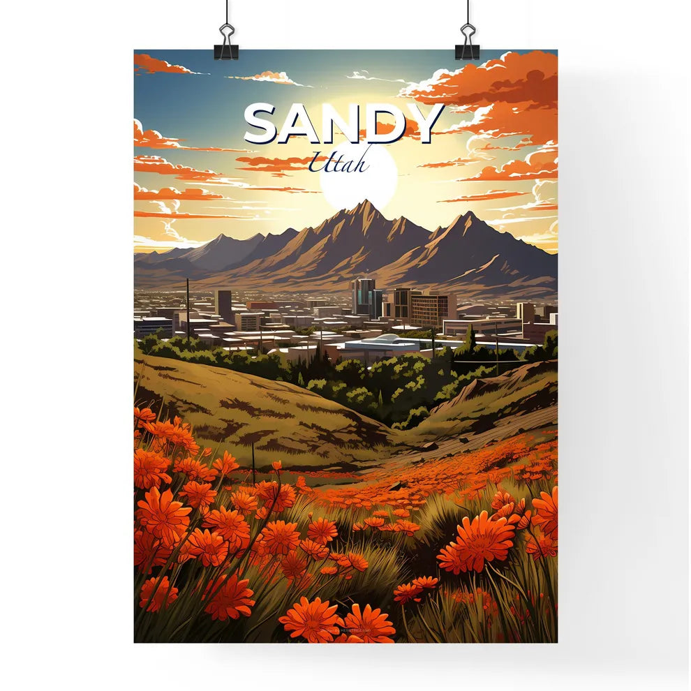 Sandy, Utah, A Poster of a landscape of a city with mountains and orange flowers Default Title