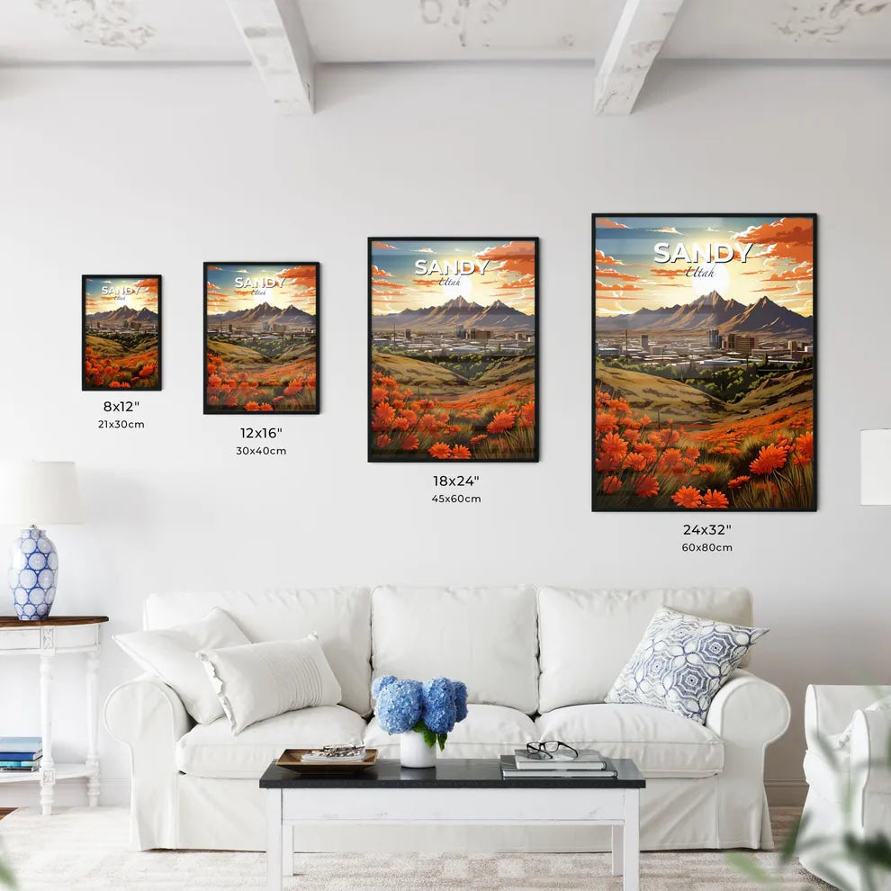 Sandy, Utah, A Poster of a landscape of a city with mountains and orange flowers Default Title