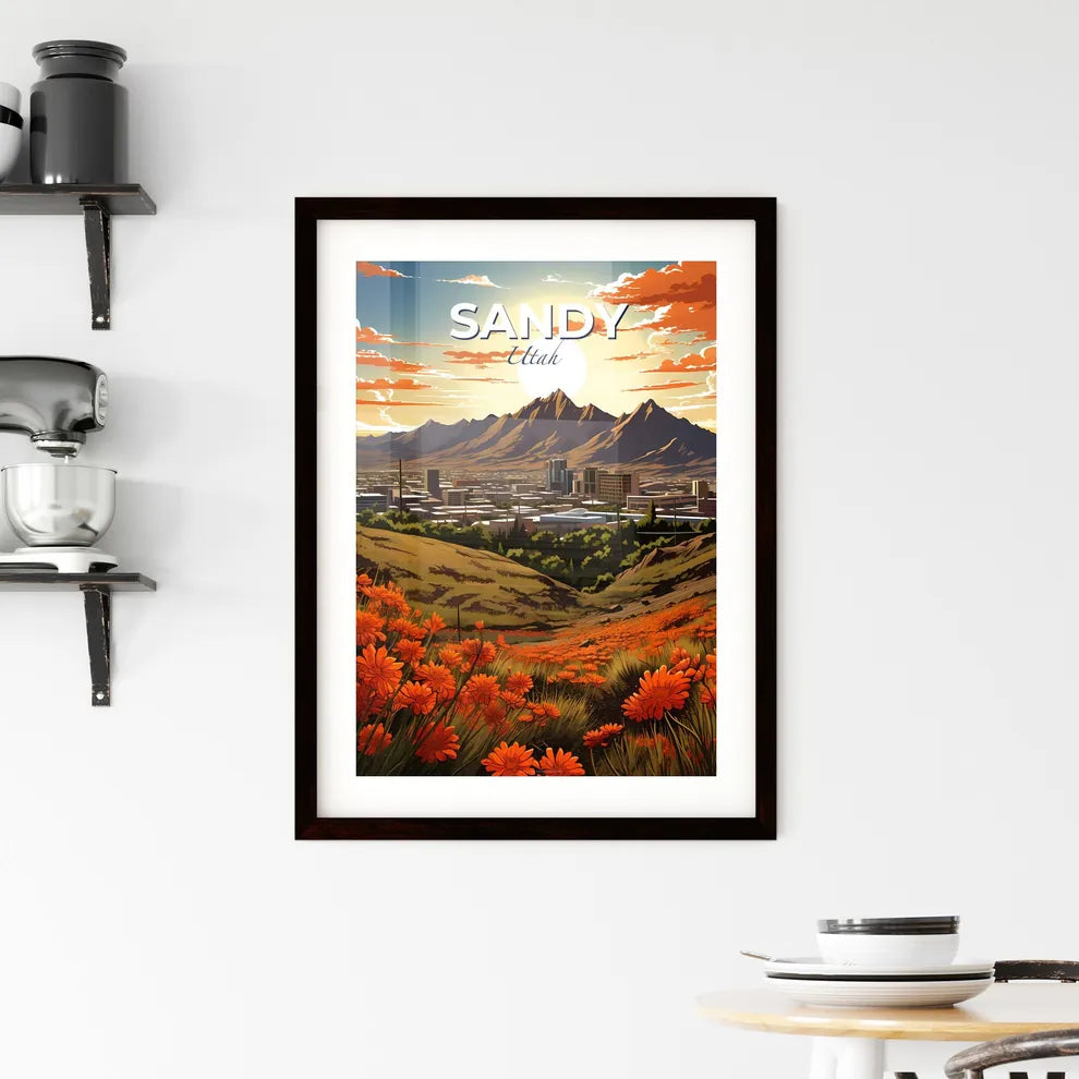 Sandy, Utah, A Poster of a landscape of a city with mountains and orange flowers Default Title