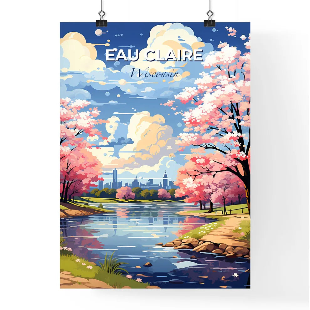 Eau Claire, Wisconsin, A Poster of a river with pink trees and a city in the background Default Title