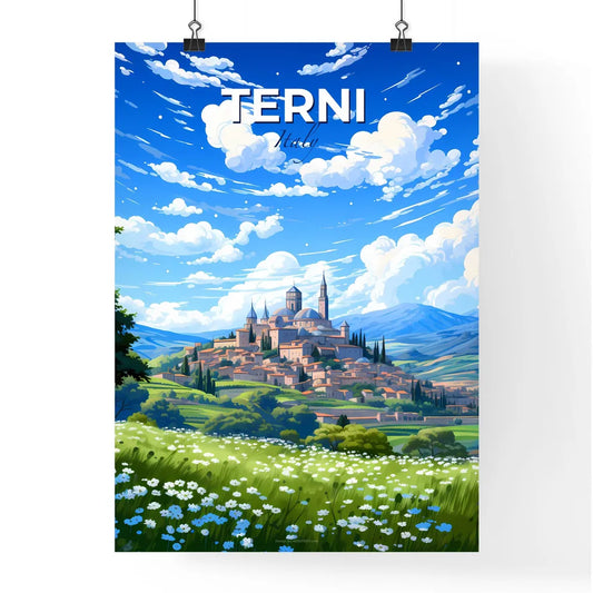 Terni, Italy, A Poster of a landscape of a town with a castle and trees Default Title