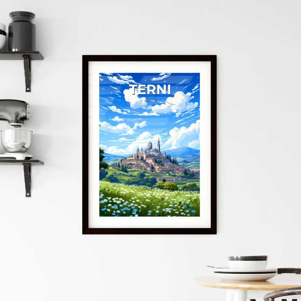 Terni, Italy, A Poster of a landscape of a town with a castle and trees Default Title