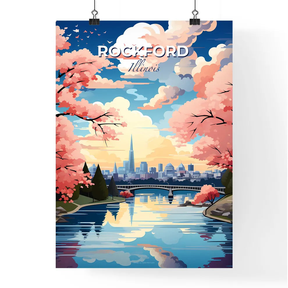 Rockford, Illinois, A Poster of a river with pink trees and a city in the background Default Title