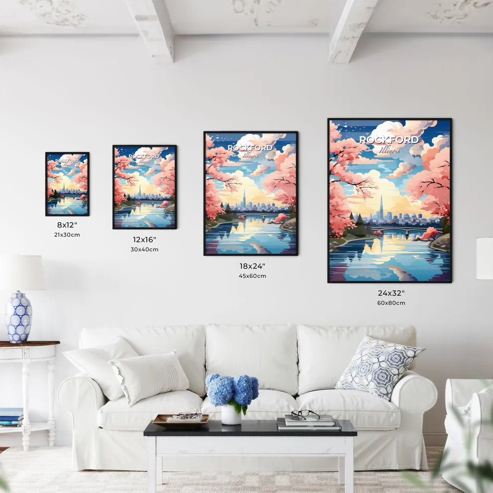 Rockford, Illinois, A Poster of a river with pink trees and a city in the background Default Title