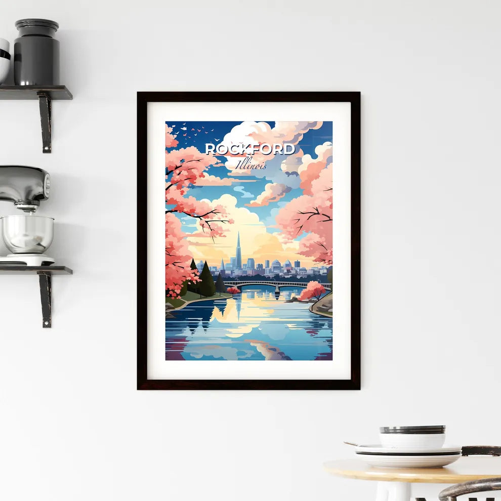 Rockford, Illinois, A Poster of a river with pink trees and a city in the background Default Title