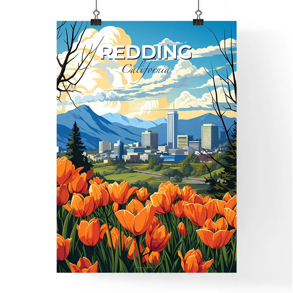 Redding, California, A Poster of a colorful landscape with orange flowers and mountains in the background Default Title