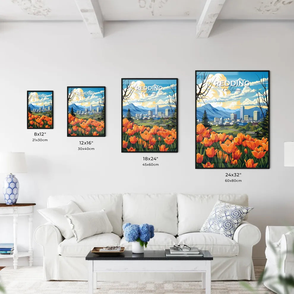 Redding, California, A Poster of a colorful landscape with orange flowers and mountains in the background Default Title
