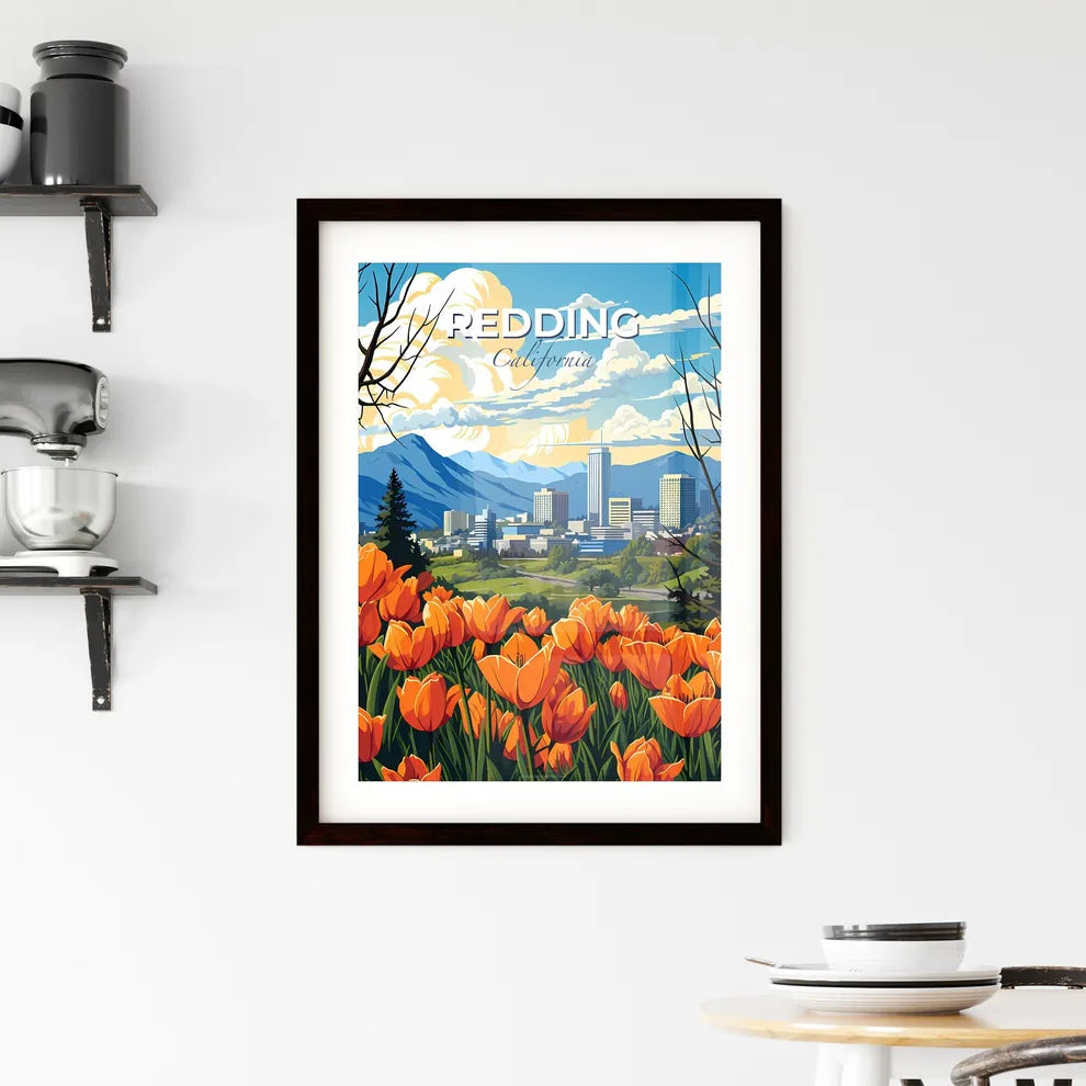 Redding, California, A Poster of a colorful landscape with orange flowers and mountains in the background Default Title