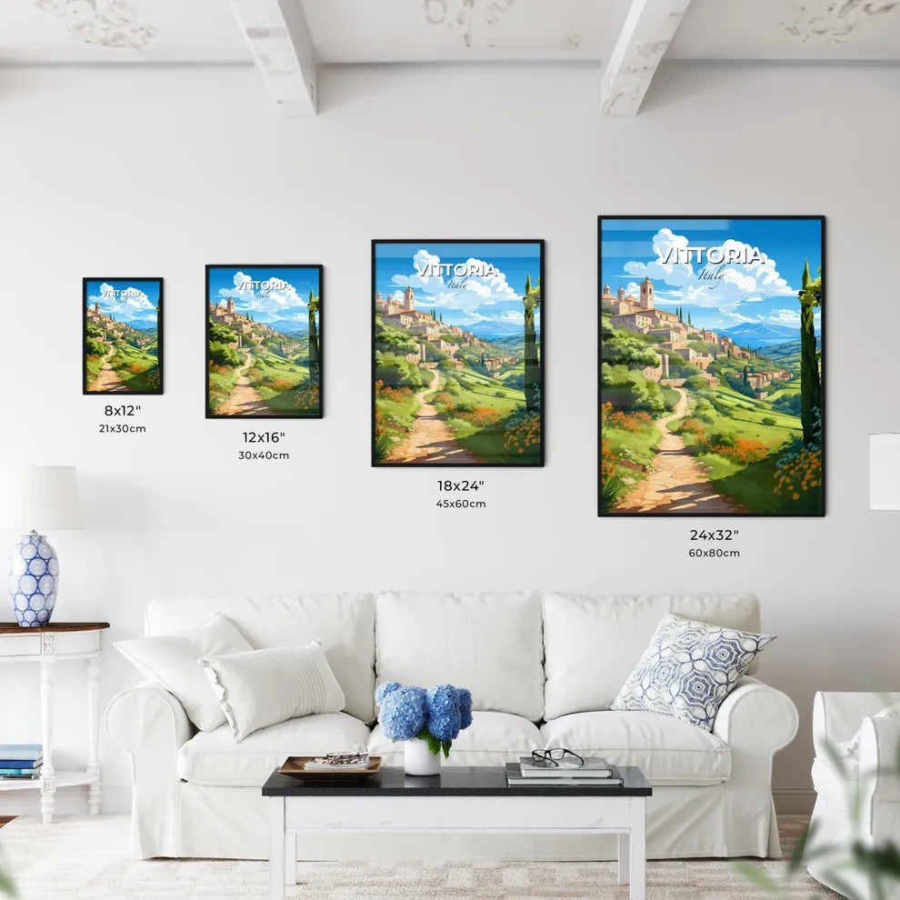 Vittoria, Italy, A Poster of a landscape with a path and a town on the hill Default Title