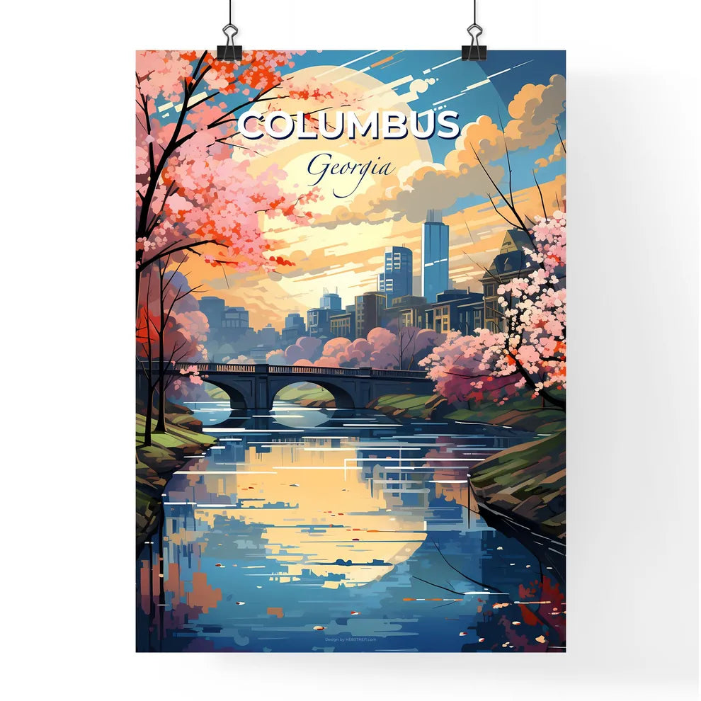 Columbus, Georgia, A Poster of a river with a bridge and trees with pink flowers Default Title
