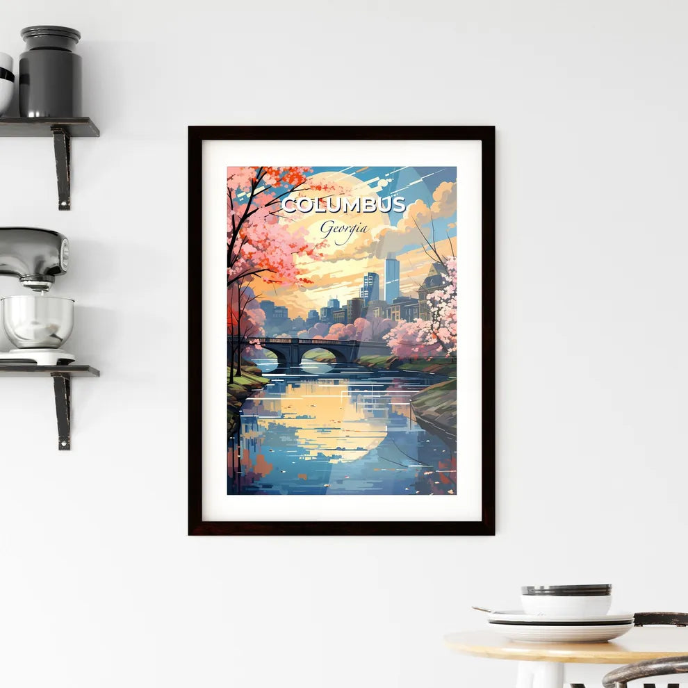 Columbus, Georgia, A Poster of a river with a bridge and trees with pink flowers Default Title
