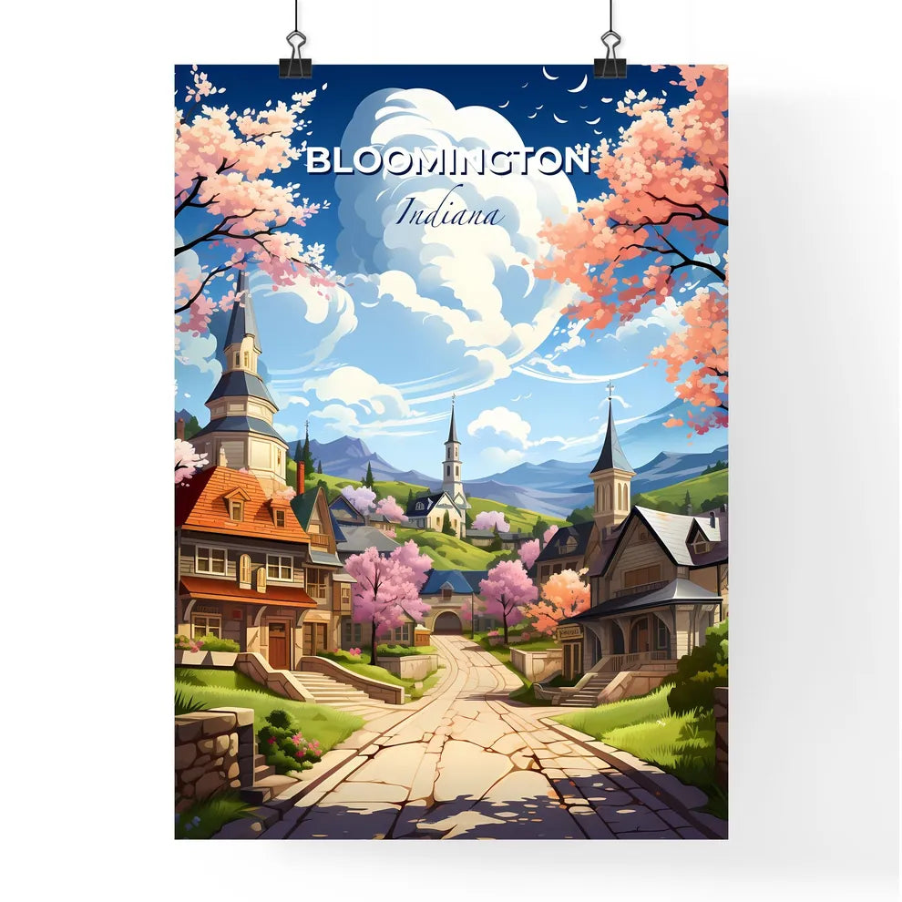 Bloomington, Indiana, A Poster of a cartoon of a town with a road and trees Default Title