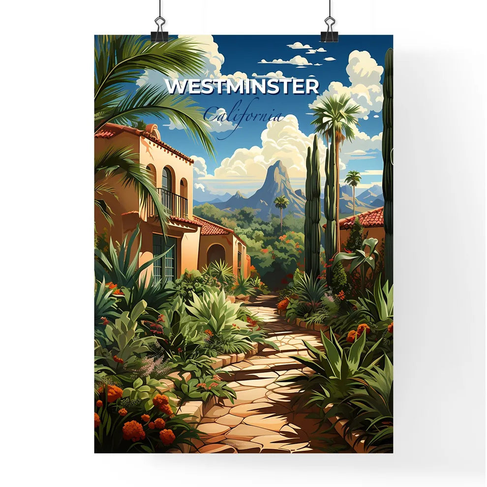 Westminster, California, A Poster of a stone path between buildings with plants and trees Default Title