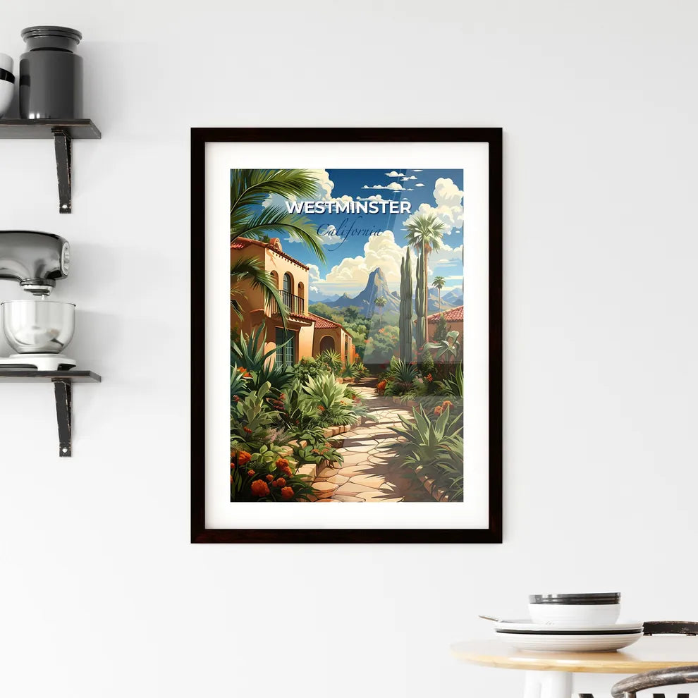 Westminster, California, A Poster of a stone path between buildings with plants and trees Default Title