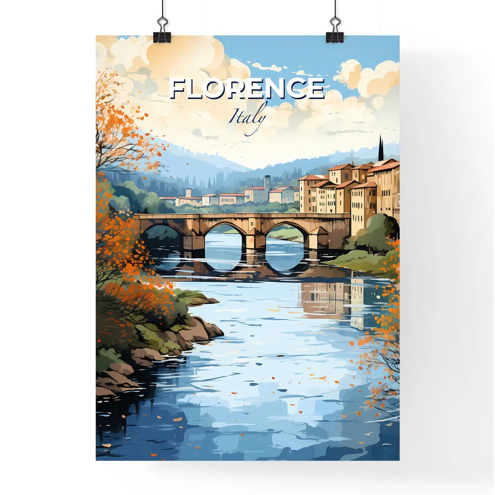 Florence, Italy, A Poster of a bridge over a river with trees and buildings Default Title