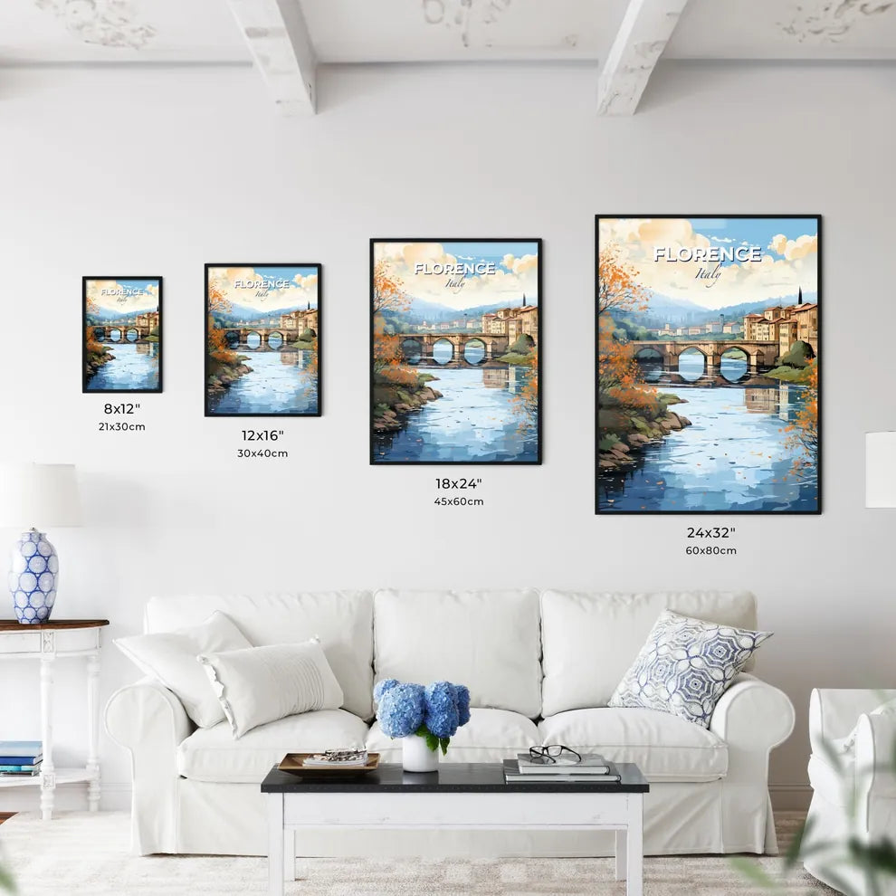Florence, Italy, A Poster of a bridge over a river with trees and buildings Default Title