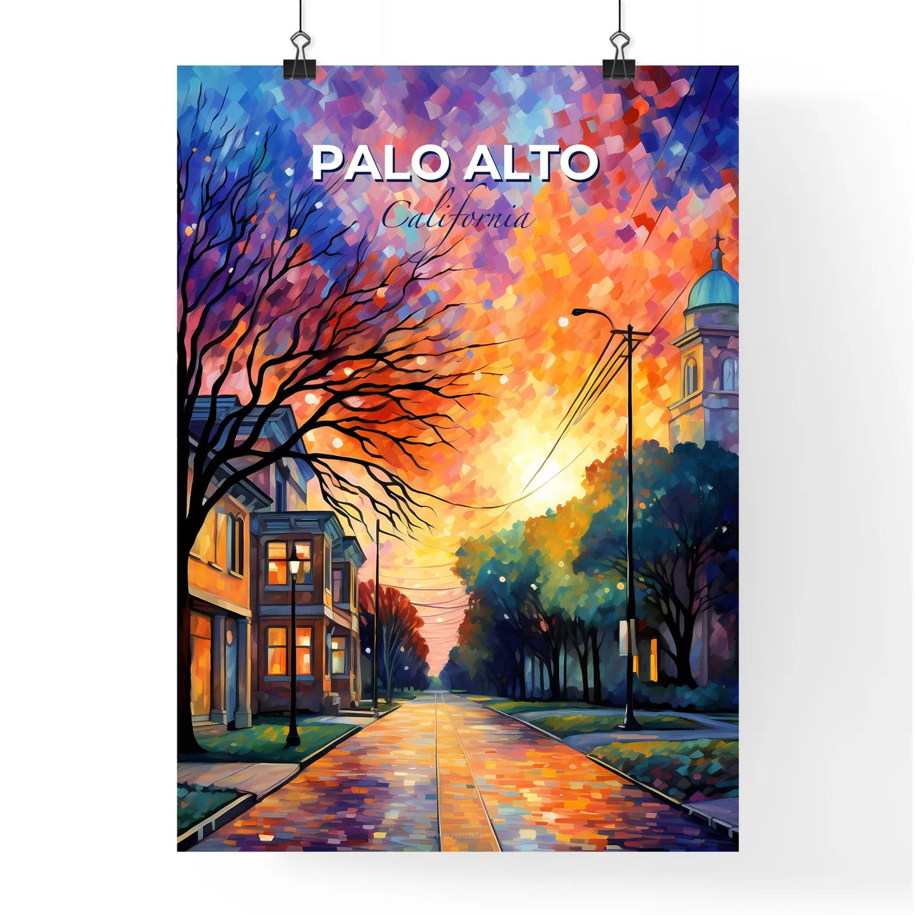 Palo Alto, California, A Poster of a street with trees and a church in the background Default Title