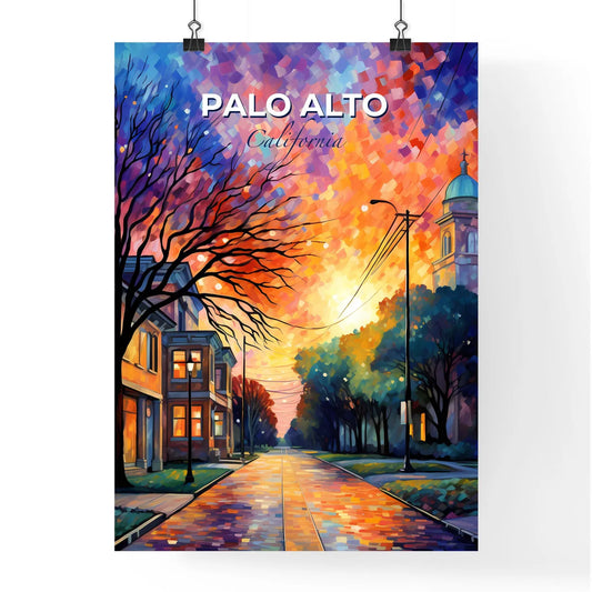 Palo Alto, California, A Poster of a street with trees and a church in the background Default Title