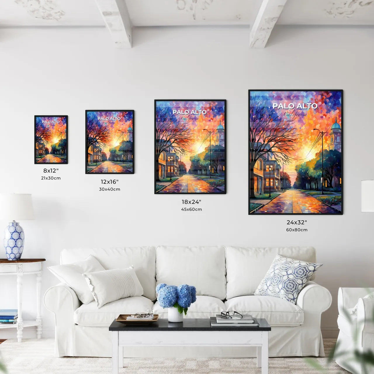 Palo Alto, California, A Poster of a street with trees and a church in the background Default Title