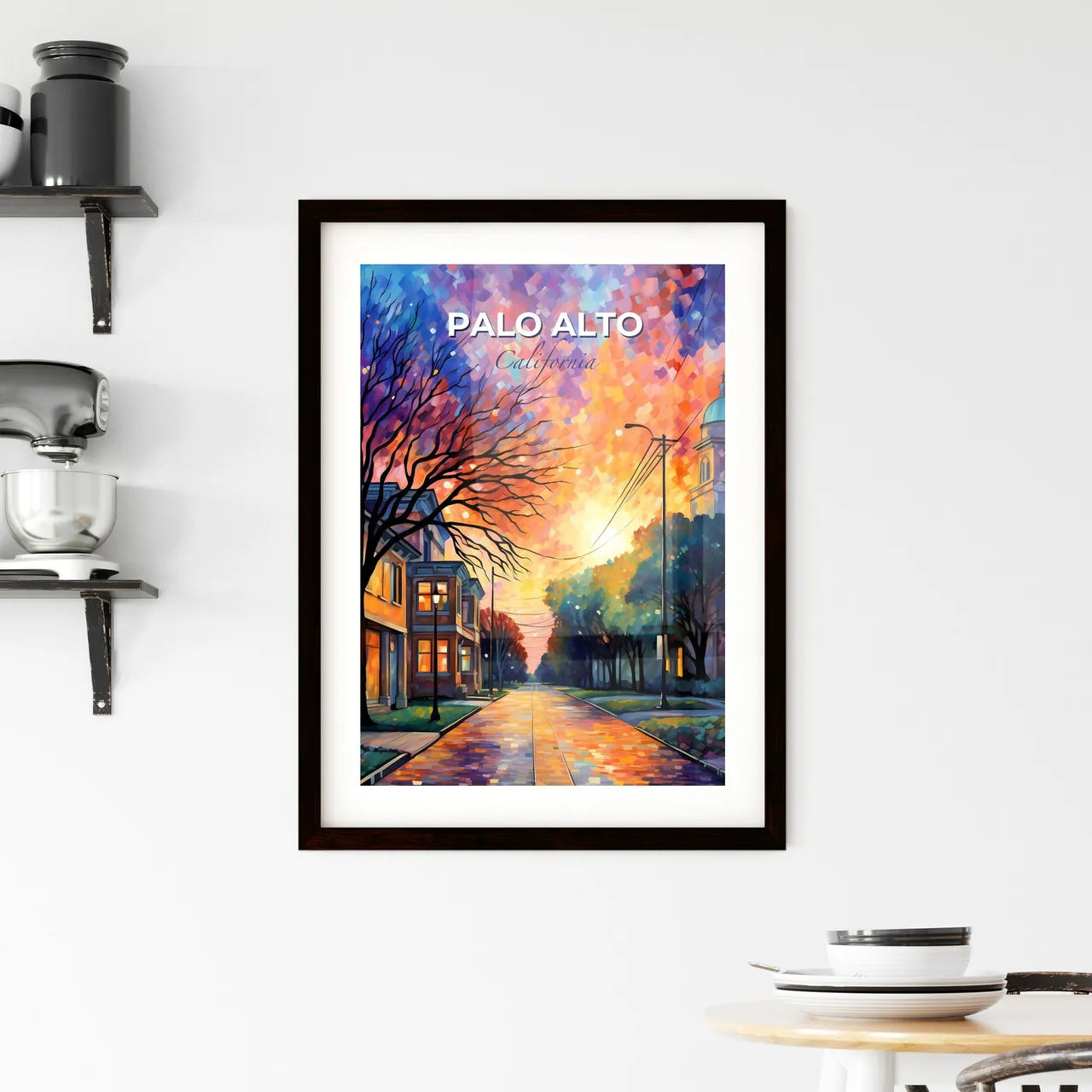 Palo Alto, California, A Poster of a street with trees and a church in the background Default Title