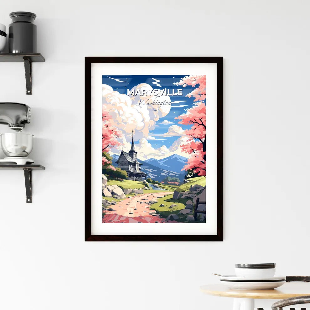 Marysville, Washington, A Poster of a house on a hill with pink trees and mountains Default Title