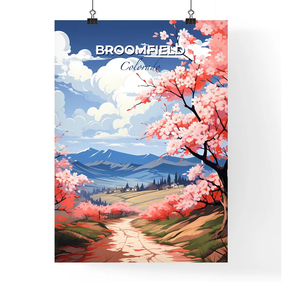 Broomfield, Colorado, A Poster of a landscape with pink flowers and mountains Default Title