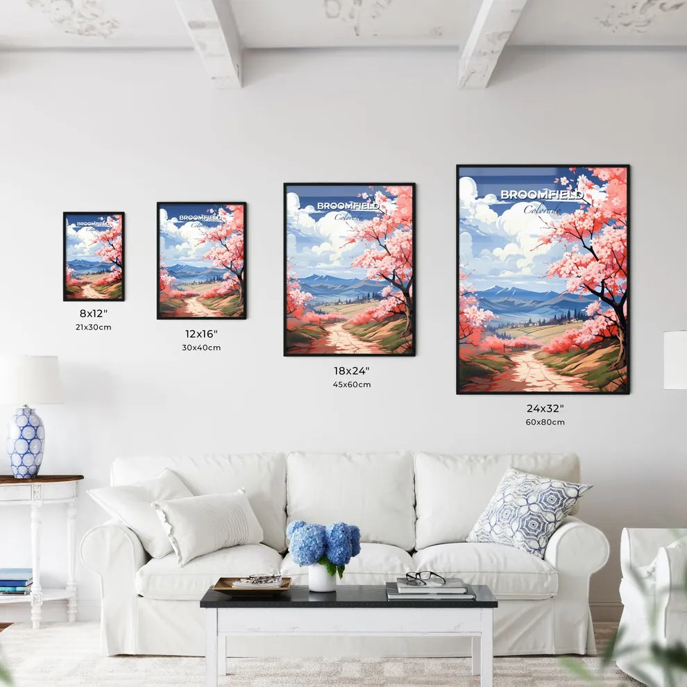 Broomfield, Colorado, A Poster of a landscape with pink flowers and mountains Default Title
